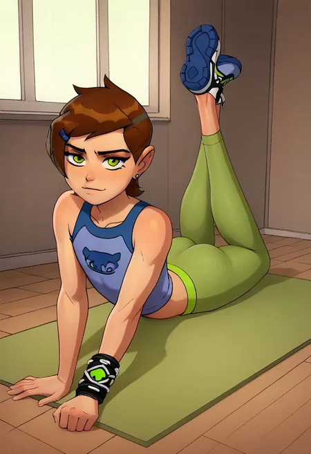 score_9, score_8_up, Rocco Style, Ben Aronson Style page, Ben 10, solo, feminine athletic body
1boy, brown hair, green eyes, , shoes, bracelet sexy femboy, leggings, bulge, legs, perfect ass, in the gym, light makeup, sexy poses, stretching on yoga mat