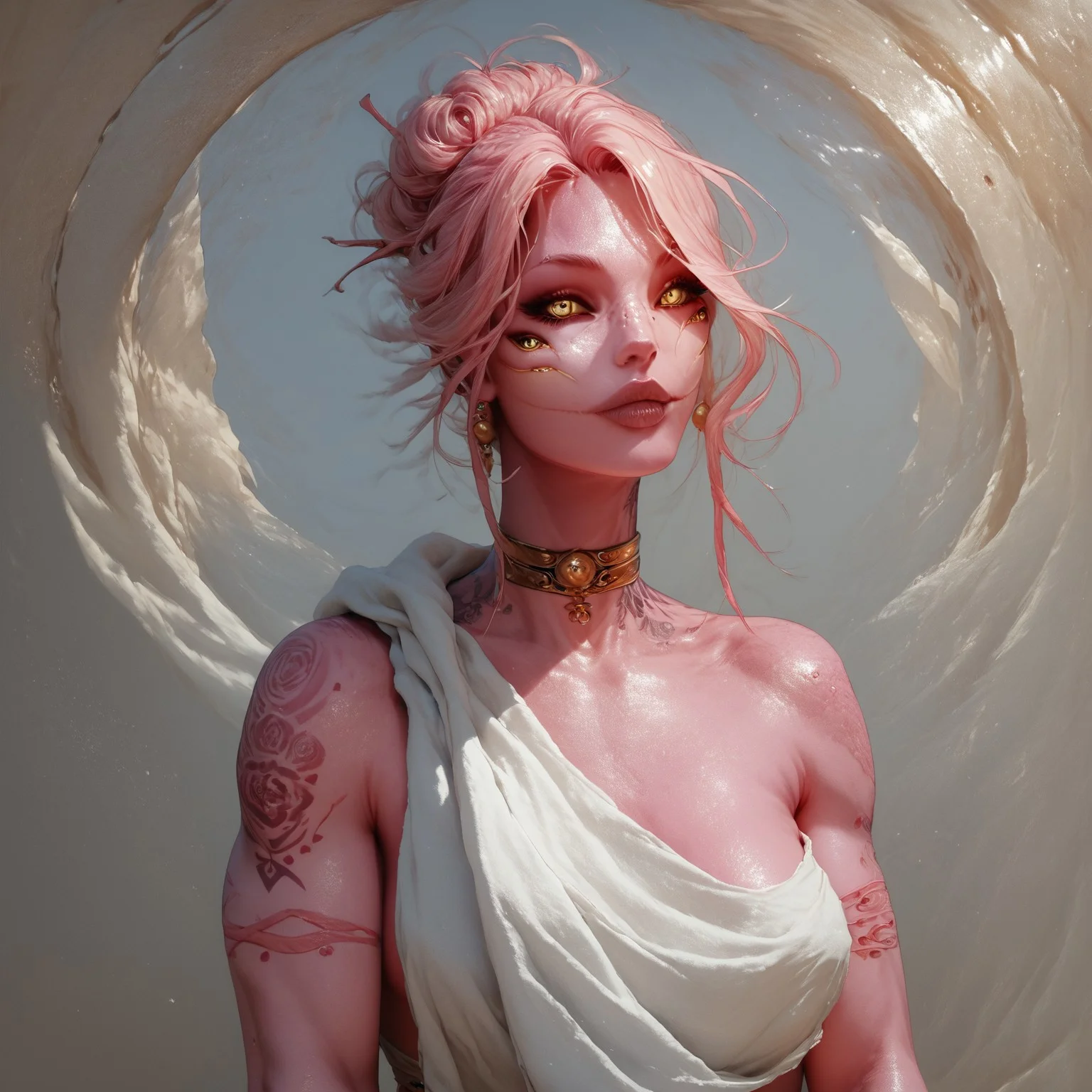 safe_pos, score_9, score_8_up, score_7_up, Zamite, four eyes, horns, high resolution, aesthetic art, Pink skin, fighter cloth, breasts, tattoos, sesductive, d3t41l3dm butt, perfect body