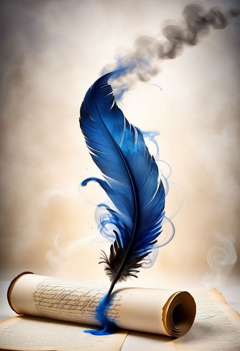 mysterious phoenix feather gliding through the air, feather dissolving into smoke, single drop of deep blue ink dropping from the tip of the feather into a half full ink pot while an old piece of aged paper scroll with beautiful writing and burning edges is hovering in the middle of it all, lightrays backlighting glorious feather, burning paper scroll dissoliving into smoke, lightrays backlighting smoke, fading blue red background, by Minjae Lee, Carne Griffiths, Emily Kell, Steve McCurry, Geoffroy Thoorens, Aaron Horkey, Jordan Grimmer, Greg Rutkowski, amazing depth, double exposure, surreal, geometric patterns, intricately detailed, bokeh,  perfect balanced, deep fine borders, artistic photorealism , smooth,  great masterwork by Suiras  <lora:add-detail-xl:2>  <lora:Double_Exposure:0.5>