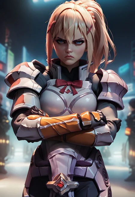 score_9, score_8_up, score_7_up, 1girl, ksdarkness, braid, ponytail, x hair ornament, n7 armor, serious, crossed hands, posed, sci-fi city background, looking at viewer, Expressiveh,
