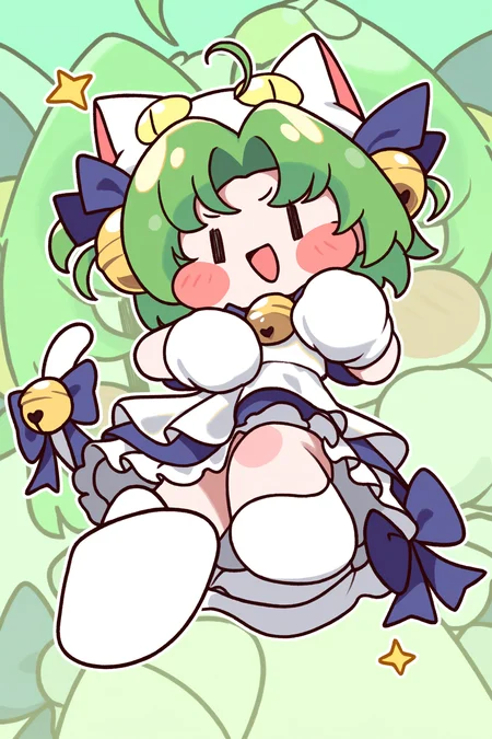 (trickcalcg, trickcal, chibi, chibi only:1.3), blush, blush stickers, original, 
di gi charat, di gi charat \(1999\), dejiko, 1girl, 2000s \(style\), <|> <|>, ahoge, animal hat, bell, blue bow, blush stickers, bow, cat hat, cat tail, curtained hair, dress, ear bell, frilled dress, frills, full body, gloves, green hair, hat, looking at viewer, neck bell, open mouth, outline, paw shoes, pixelated, puffy short sleeves, puffy sleeves, short hair, short sleeves, single blush sticker, smile, solo, star \(symbol\), tail, tail bow, tail ornament, two side up, white dress, white gloves, white outline, zoom layer, 
(masterpiece, best quality, absurdres, highres, newest, very awa:1.2), 