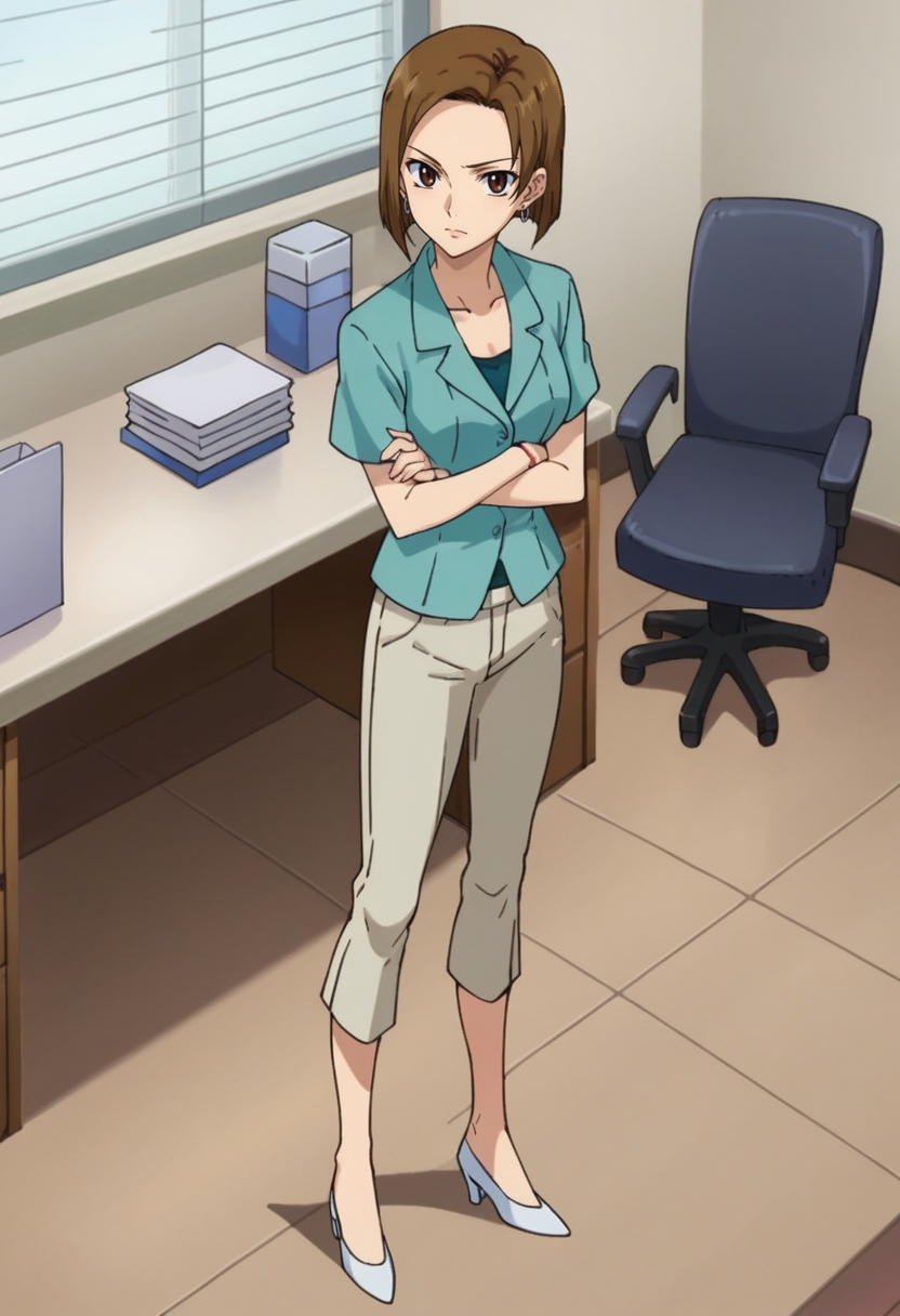 score_9,score_8_up,score_7_up,score_6_up,score_5_up,score_4_up,anime coloring BREAK source_anime,anime,<lora:Kinue_Crossroad_Gundam_00_Pony:0.7>,kinue,1girl,solo,brown eyes,brown hair,short hair,earrings,blue shirt,capri pants,high heels,standing,crossed_arms,office,desk,looking at viewer,
