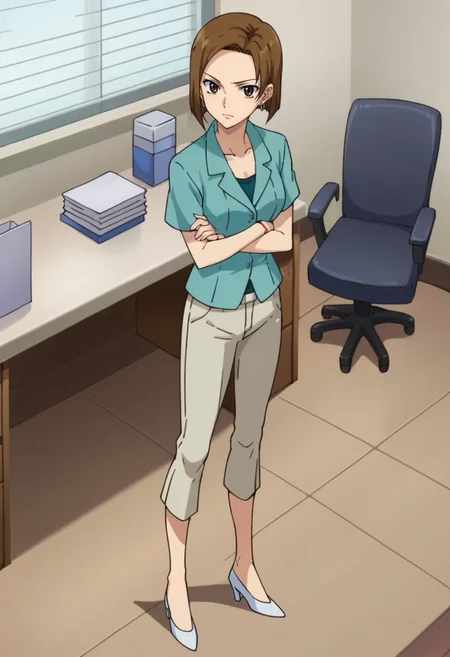 score_9,score_8_up,score_7_up,score_6_up,score_5_up,score_4_up,anime coloring BREAK source_anime,anime,<lora:Kinue_Crossroad_Gundam_00_Pony:0.7>,kinue,1girl,solo,brown eyes,brown hair,short hair,earrings,blue shirt,capri pants,high heels,standing,crossed_arms,office,desk,looking at viewer,