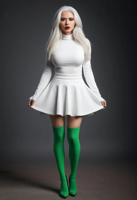 Realism_Quality_2xx_By_Stable_Yogi, cathedral, outdoors, standing, 1woman, solo, Instagram_Influencer_152_By_Stable_Yogi, long hair, white hair, black choker, green eyes, one eye covered by hair, eyeliner, gorgeous lips, tights, large breasts, covered breasts, cinematic, (masterpiece), (best quality), (ultra-detailed), very aesthetic, detailed eyes, perfect eyes, freckles, aloof, wide dress, long dress, key visual, pixiv fanbox, skeb, (masterpiece:1.1), leotard, black footwear, thigh high boots, small waist, fitness body, wide hips, oval face, 27 years old, SilverPulse, , covered body, JTVeemo, candy, <lora:aidmaCandyWorldMorph-MoreRealistic-v0.1:1.3> candy.