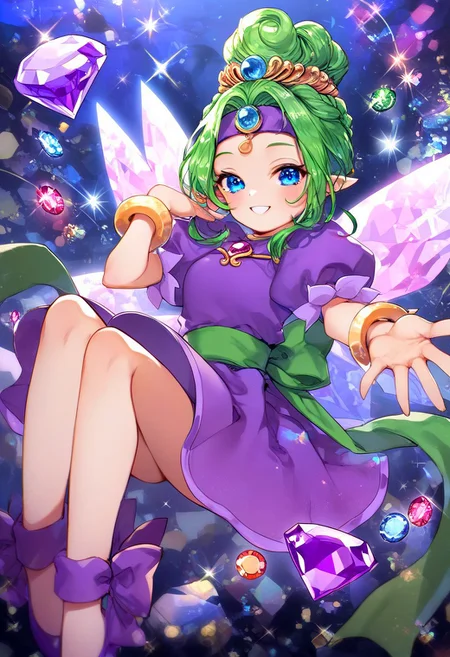 score_9, score_8_up, score_8, score_7, absurdres, ruby_panepon, blue eyes, wings on back, green hair, pointy ears, purple dress, purple footwear, puffy sleeves, hair bun, bracelet, tiara, headband, back bow, (gem:1.1), sidelocks, looking at viewer, smile, cave background, glitter