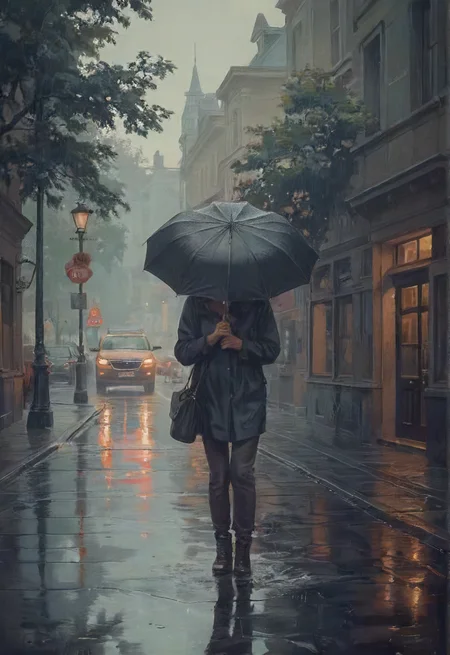 what a dark day to paint a picture in rain,  <lora:SDXL - Style - EldritchRomanceIllustration1.3.1:0.8>