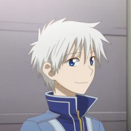1boy, male focus, solo, blue eyes, uniform, blue uniform, high collar, white hair, smile, standing, upper body,