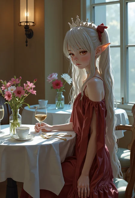 SWMS, elf sorcerer girl, snowy white hair cascading down her back, Dimly lit neon eyes, pale white skin, (sleek elven outfit), (voluminous cloak), sharp narrow jaw, ((Full Body)), crystal crown, ((Detailed fantasy elven city background)), ((glyphs, runes, glowing)), sitting at cafe bar, turned around, looking back, detailed drawing   <lora:FLUX - SWMSF - Styles for FLUX ( detailed drawing, swms ):1> <lora:FLUX - Surreal_Photo (Glitter):0.6>
