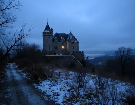 dark and snowy, stone european castle on a hill, fog, cloudy sky, early morning, dead trees, creepy vibes, there is a singule window lit in the castle with a dark figure, uneasy ambiance, 
  <lora:amateurphoto-6version:1>   <lora:Dark Cinematic:1> DRK