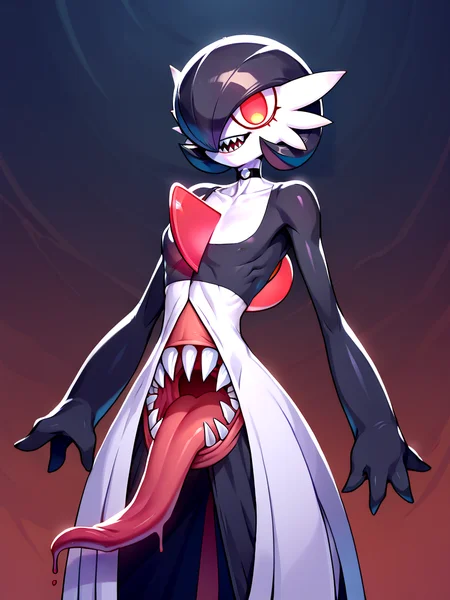 Score_9, score_8_up, score_7_up, score_6_up, score_5_up, score_4_up, pokemon, (black gardevoir), black dress, black hair, glowing demonic eyes, no pupils, sinister smile, BREAK, (huge vertical mouth, stomach mouth:1.5), (big sharp teeth, very long tongue), <lora:Concept_Stomach_Mouth:1> , BREAK, jagged teeth, lower teeth, wide open mouth,