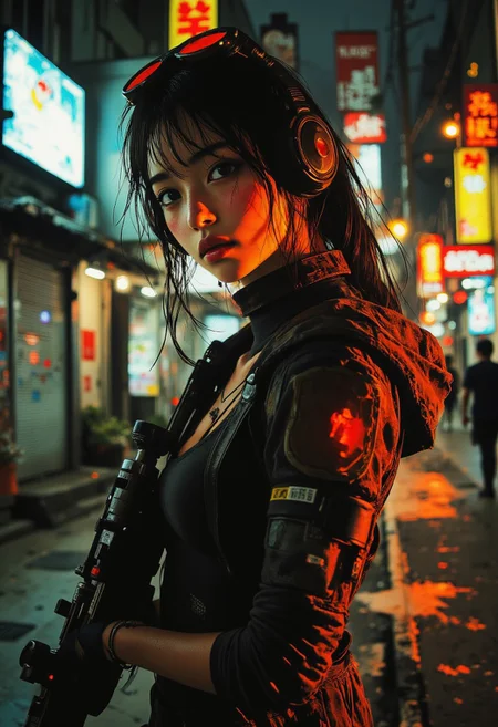 midjourney_whisper_innocent_eyes, stunning Japanese woman wearing red and black sci-fi power armour, headphones, dark eyeshadow, holding assault rifle on cyberpunk street at night, neon signs and advertising, bokeh, side lighting