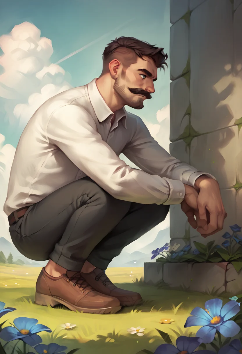 score_9, score_8_up, score_7_up, score_6_up, score_5_up, score_4_up, BREAK rating_safe, 1boy, solo, shirt, male focus, outdoors, flower, white shirt, shadow, squatting, facial hair, pants, collared shirt, black pants, grass, long sleeves, short hair, day, black hair, brown hair, blue flower, mustache, shoes, brown footwear, sky<lora:CALM_testXL_4image_125steps:0.8>