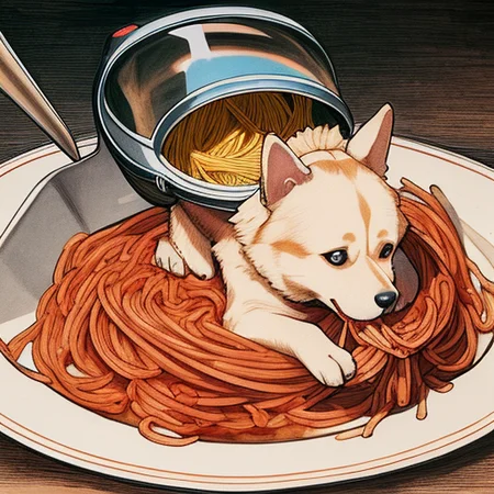 a dog eating spaghetti, spaceship cockpit, durer-style