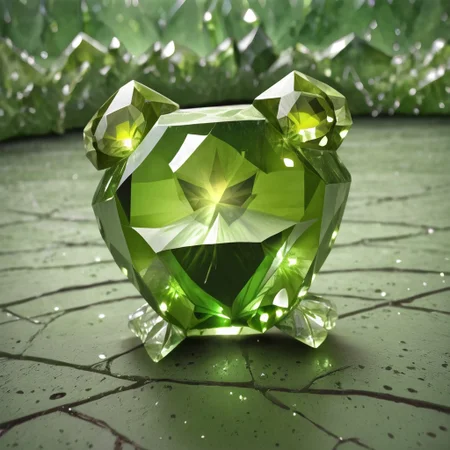 green gemstone, crystal, gem, shiny, peridot, happy frog, full body, detailed background, depth of field, subsurface scattering, ral-chrosc-clr, hud_per1d0t_wrld, green gemstone, crystal, gem, shiny