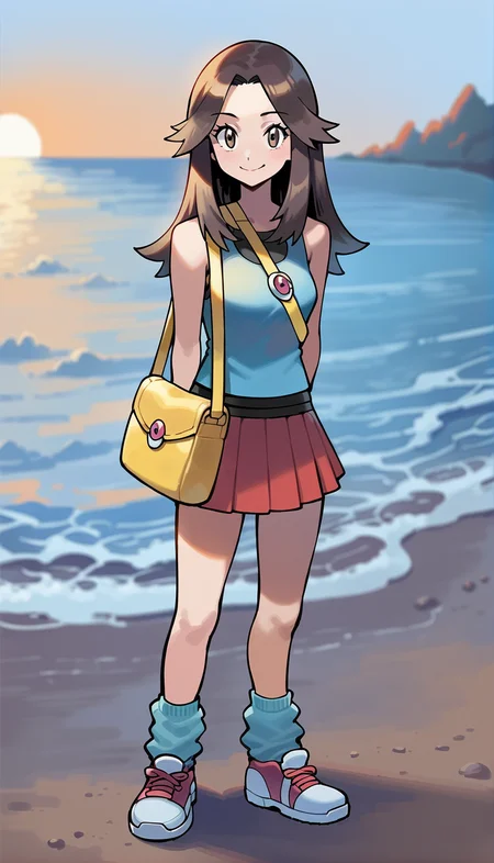 score_9,score_8_up,score_7_up,
highres,highly detailed,
<lora:alolaleaf:0.9>,
alolaleaf,
pale skin,
1girl,solo,brown hair,long hair,brown eyes,looking at viewer,smile,blue tank top,red mini skirt,yellow shoulder bag,blue loose socks,white shoes,full body,arms down,standing,
blurry background,outdoors,morning,beach,town,sea,street,