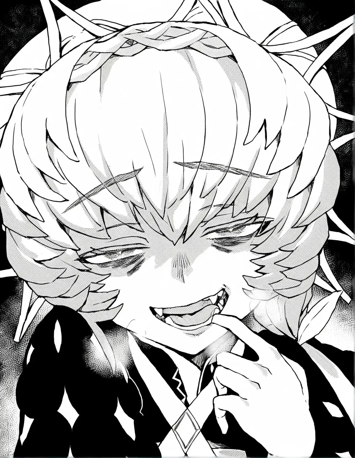 <lora:lo.c-000018:1>,1girl,van gogh \(fate\),fate \(series\),finger in own mouth, heavy breathing, smirk, half-closed eyes, looking up, looking at viewer, open mouth, fangs, leaning in, bags under eyes,monochrome,greyscale
