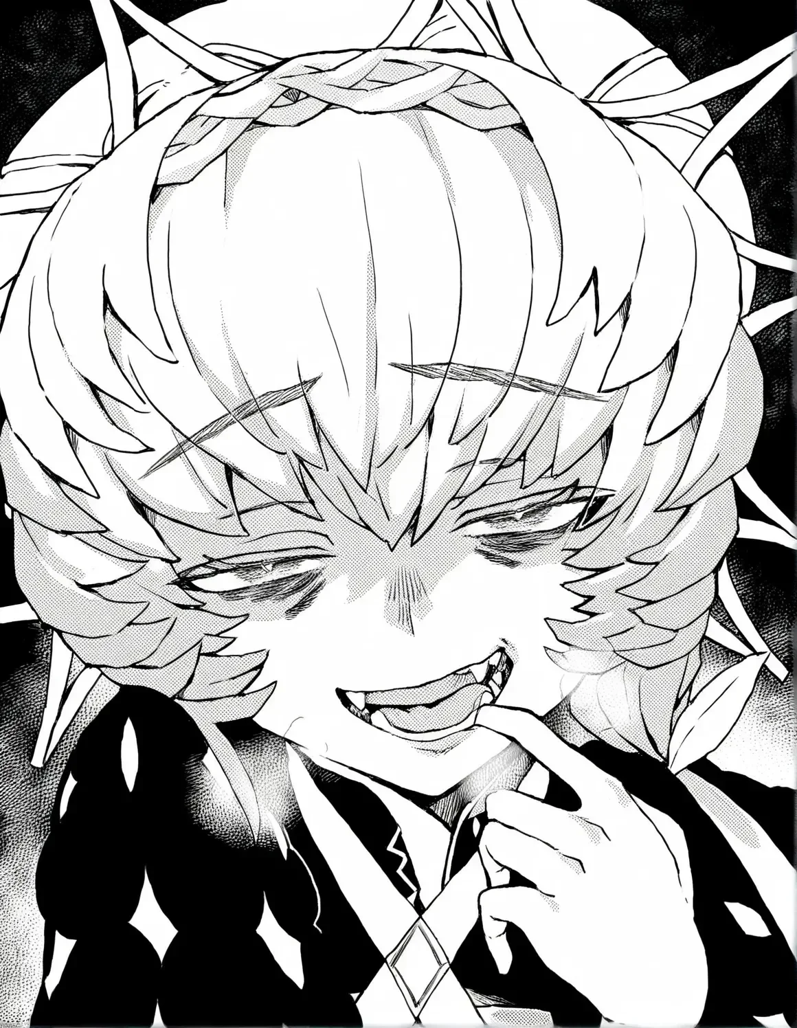 <lora:lo.c-000018:1>,1girl,van gogh \(fate\),fate \(series\),finger in own mouth, heavy breathing, smirk, half-closed eyes, looking up, looking at viewer, open mouth, fangs, leaning in, bags under eyes,monochrome,greyscale