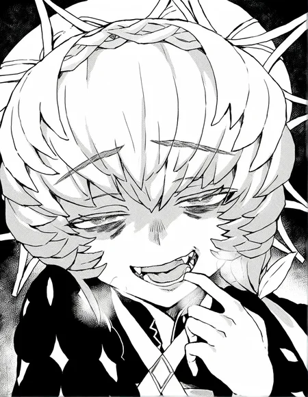 <lora:lo.c-000018:1>,1girl,van gogh \(fate\),fate \(series\),finger in own mouth, heavy breathing, smirk, half-closed eyes, looking up, looking at viewer, open mouth, fangs, leaning in, bags under eyes,monochrome,greyscale