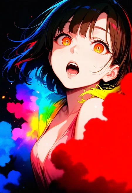 masterpiece, best quality, amazing quality, very aesthetic, absurdres, newest, 1girl,  Megumi, brown hair, red glowing eyes, little breasts, bare shoulders, hawaiian shirt, teeth, lips, thin lips, narrow mouth, solo, looking at viewer, open mouth, holding lollipop, chupa chups, upper body, backlighting, from above, dutch angle, , masterpiece, best quality, amazing quality, very aesthetic, absurdres, newest, soft light, explosion of colors, masterpiece, best quality, colorful, bright, multicolored, bright colors of paint, masterpiece, best quality, amazing quality, very aesthetic, absurdres, lots of multicolored rainbow light, focus on the face, lots of soft light, soft colors, lots of colorful particles