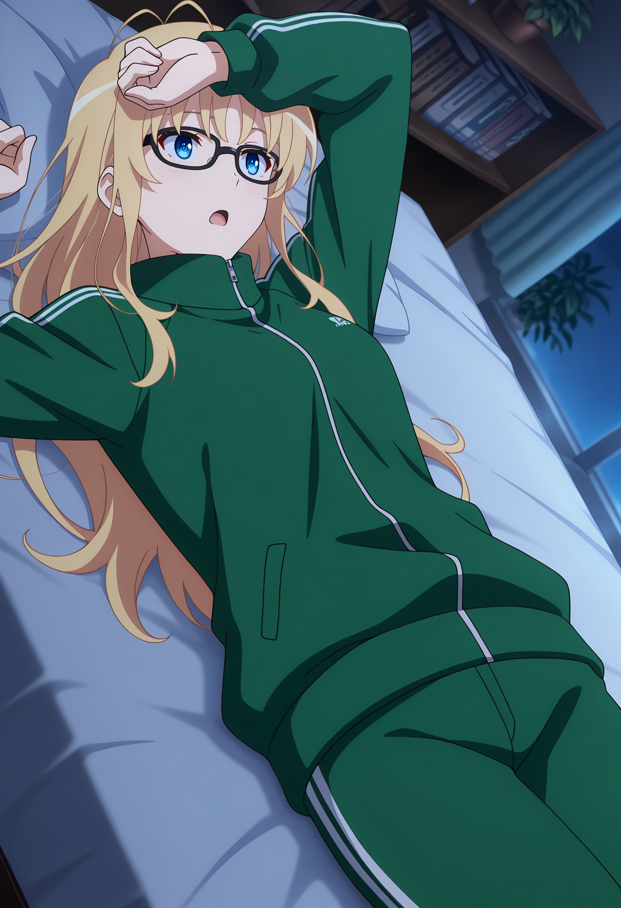 anime screencap, masterpiece, best quality,
<lora:Saekano_SawamuraSpencerEriri_IlluXL:0.9>,
1girl, solo, open mouth,
antenna hair, long hair, blonde hair, blue eyes,
black-framed eyewear, track suit, green jacket, zipper, green pants,
arm up, arm on own forehead, lying, on bed, cowboy shot, from above, dutch angle,
indoors, curtains, bed, plant, bookshelf, dark, night, blurry background