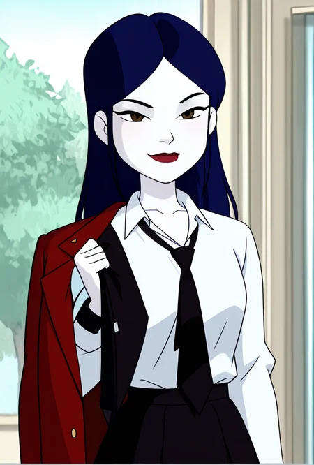 ((cartoon, screencap))  <lora:tiffanyos:1> tiffanyos, 1girl, long hair, blue hair, parted bangs, black necktie, school uniform, black skirt, white shirt, lipstick,red jacket, pale skin,