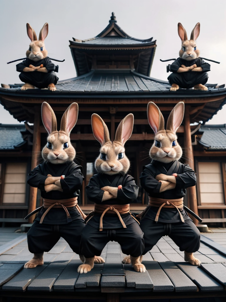a group of ninja rabbits in black ninja outfit and a fighting poses standing on a japanese roof in a japanese village, looking dramatic at viewer <lora:ral-symetrical:1> ral-symetrical