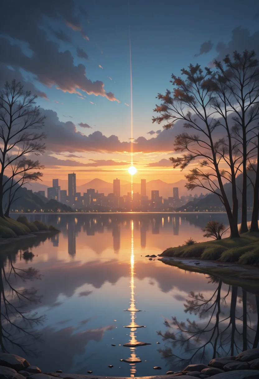 outdoors, lake,, water, , sunset, light ray, lens flare, reflection, scenery, no humans, horizon, city lights, , fog, trees,