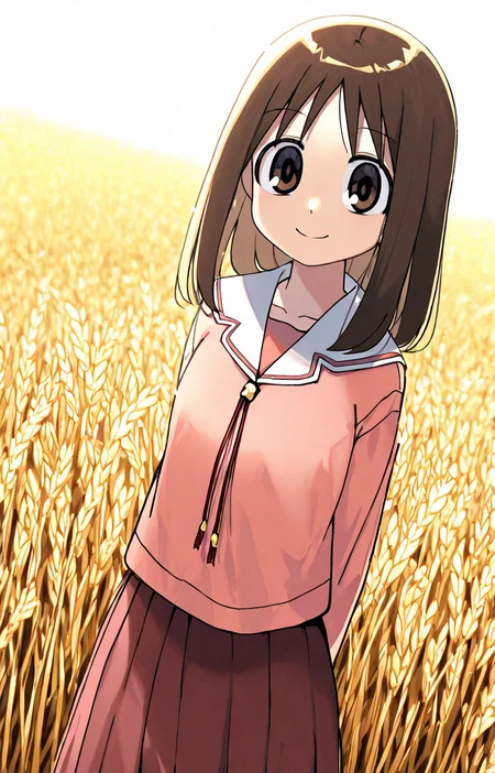 masterpiece, best quality, 1 girl, brown hair, kasuga ayumu, school uniform, big eyes, <lora:Kasuga_Ayumu_Osaka_IL_Azumanga_Daioh_Epoch8:1>, cowboy shot, smile, wheat field