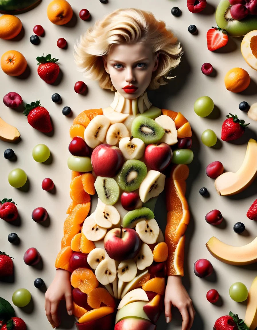 professional ral-fruitsalad glamour photograph of a cute 18 year old ivory blonde amateur model wearing vinyl catsuit by Annie Leibovitz and Peter Lindberg and Helmut Newton, realistic skin texture, glossy lipstick, french twist , bold lines, hyper detailed, dark limited palette, chiaroscuro, (intricate details, masterpiece, best quality:1.4), mesmerizing, dramatic, dynamic provocative pose, made out of ral-fruitsalad <lora:ral-fruitsalad-sdxl:1> ral-fruitsalad landscape