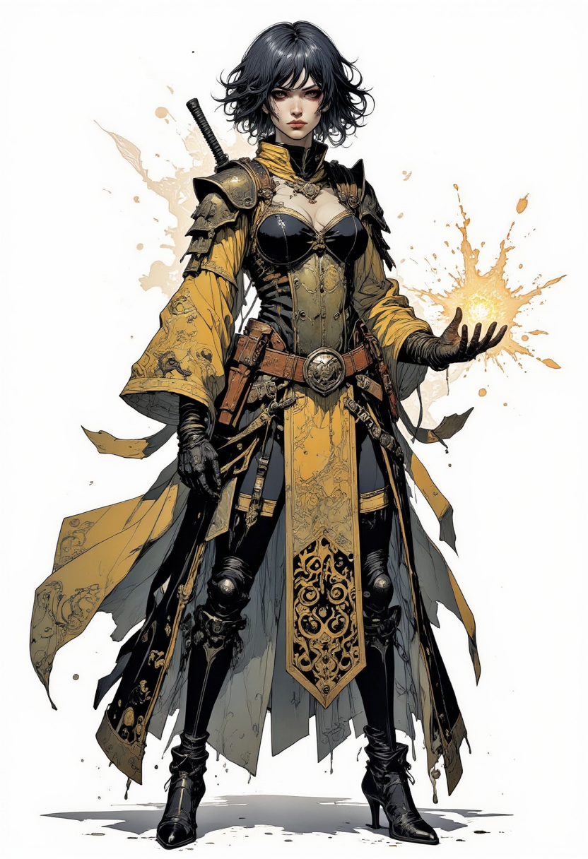 Epic, detailed digital character rendering of a tall (Evil:1.2) female battlemage. (Short dark hair:1.1), middle-aged with (light wrinkles:1.1), imposing and rugged look. Wearing a (very intricate dress:1.4) adorned with (elaborate patterns:1.3), layered beneath (stylish armor:1.3) that enhances the dress's elegance. Hands with (dark magic:1.3) exploding out. In fighting stance, (focused expression:1.2). Coat with intricate design, (mixing black and gold:1.3). Clothing incorporates various textures: (metal:1.1), (fabric:1.1), and leather. Presented on a transparent background, focus on character's detailed, blended design, full character visible from head to feet Mangaka style.