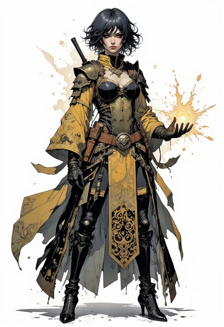 Epic, detailed digital character rendering of a tall (Evil:1.2) female battlemage. (Short dark hair:1.1), middle-aged with (light wrinkles:1.1), imposing and rugged look. Wearing a (very intricate dress:1.4) adorned with (elaborate patterns:1.3), layered beneath (stylish armor:1.3) that enhances the dress's elegance. Hands with (dark magic:1.3) exploding out. In fighting stance, (focused expression:1.2). Coat with intricate design, (mixing black and gold:1.3). Clothing incorporates various textures: (metal:1.1), (fabric:1.1), and leather. Presented on a transparent background, focus on character's detailed, blended design, full character visible from head to feet Mangaka style.