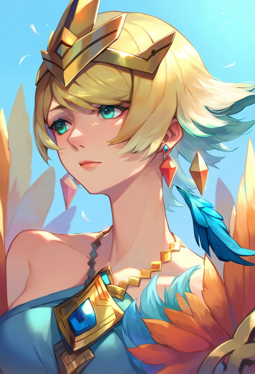 score_9, score_8_up, score_7_up, score_6_up, source anime, feh_seoreh_pnxl, fire emblem heroes,
fjorm, 1girl, feather trim, solo, jewelry, blonde hair, earrings, multicolored hair, gradient hair, short hair, upper body,
whorled clouds, blue sky
<lora:fire_emblem_heroes_pony:0.8>