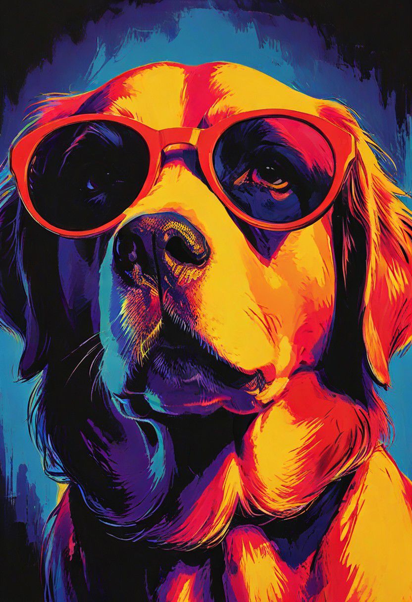impactful color paint of, a Golden Retriever, wearing dark sunglasses, highly detailed, vibrant colors , 8k, sharp, professional, clear, high contrast, high saturated, , vivid deep blacks, crystal clear