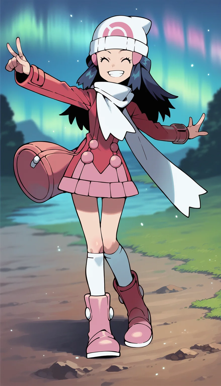 score_9,score_8_up,score_7_up,
highres,highly detailed,
<lora:hikaridawn:0.8>,
hikaridawn,
1girl,solo,navy blue hair,long hair,
smile,looking at viewer,closed eyes,grin,
pink hair clips,red overcoat,white scarf,white beanie,
white kneehighs,light pink boots,
full body,
blurry background,outdoors,light particles,night,aurora,starry sky,