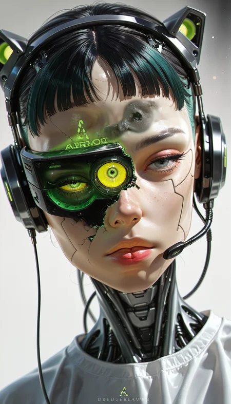 ((seductive, realistic, 3D, pinup, pinup_\(style\), science fiction, cyberpunk, portrait, cowboy_shot, blurry, bokeh, best quality, dutch angle, depth of field))
((Dre4mingDe4th, 1girl, (((solo, solo_focus))), long_hair, looking_at_viewer, short_hair, bangs, blue_eyes, simple_background, black_hair, photoshop_(medium), shirt, original, green_eyes, closed_mouth, yellow_eyes, upper_body, white_shirt, parted_lips, official_art, water, character_name, black_eyes, grey_background, closed_mouth, blurry, lips, english_text, grey_eyes, gradient_background, looking_to_the_side, eyelashes, makeup, headgear, headphones, glowing, depth_of_field, watermark, colored_skin, expressionless, blurry_background, half-closed_eyes, lipstick, thick_eyebrows, pale_skin, black_background, close-up, portrait, facing_viewer, androgynous, headset, machinery, forehead, reflection, eyeshadow, freckles, science_fiction, serious, veins, pink_lips, realistic, nose, robot, android, logo, red_lips, cable, chromatic_aberration, very_short_hair, one-eyed, 3d, cyborg, broken, x-ray, dirty, damaged, crack, concept_art, half-closed_eye, head-mounted_display, straight-on, wire, cyberpunk, dirty_face, mechanical_parts, photo-referenced, ghost_in_the_shell, humanoid_robot))