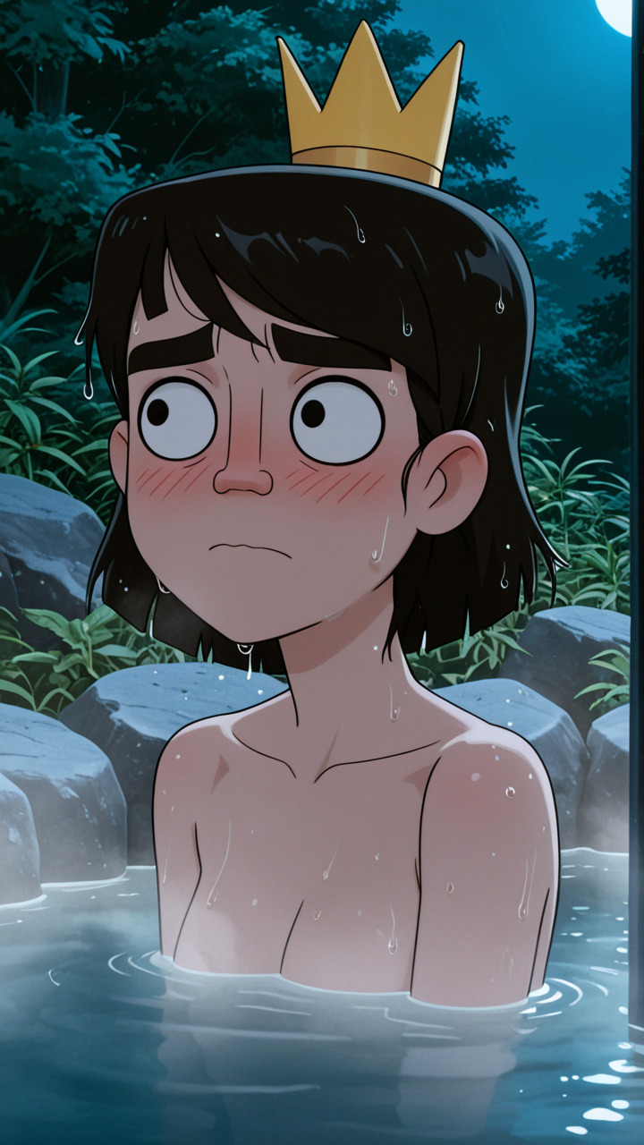 masterpiece, best quality, cinematic ,

1girl,crown, solo,  black eyes, short hair, black hair, thick eyebrows,Embarrassed

,BREAK, ,NUDE, partial_submersion, hot_spring, steam, rocks, sparse_vegetation, bushes, outdoor, night, moonlight, serene_expression, relaxed, arms_raised, wet_hair, bare_shoulders, ambient_lighting, peaceful, nature, water_droplets, detailed_skin, tranquil_scene