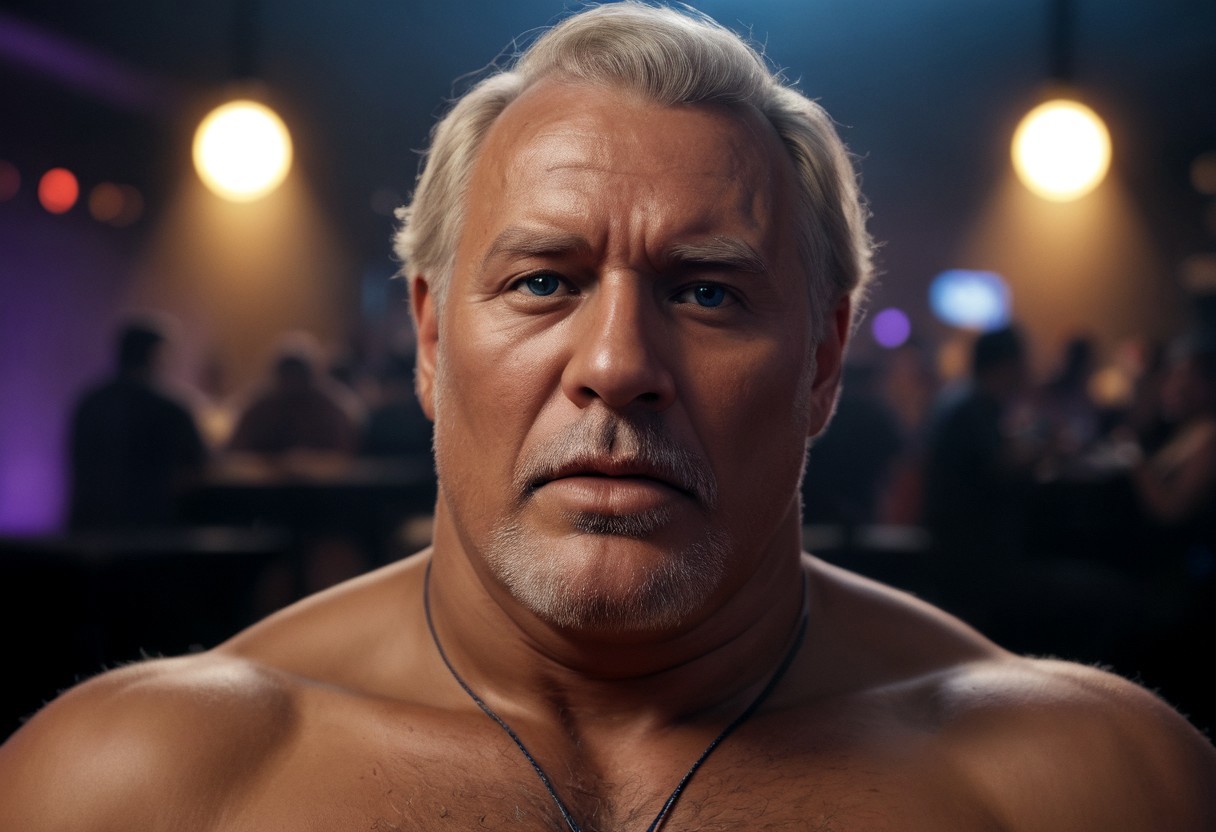 realistic, closeup portrait, face portrait, focus on face, seen from the side, dark nightclub, party, night, neonlights, alone, solo, relaxed cute pose, arm resting on leg, old granddad, old man, grandpa, tanned skin, strong tan, pubic-hair, pale blonde short hair, small flat crooked down nose, bushy eyebrows, hairy chest, chesthair, strong manly round chubby face, big belly, obese, strong arms, deep blue eyes, (charming, handsome, sensual, arrogant, challenging), moaning expression, having an intense orgasm, strong biceps, big neck, doublechin, (tanned skin, strong tan), ((looking at viewer, moaning, orgasm, ))