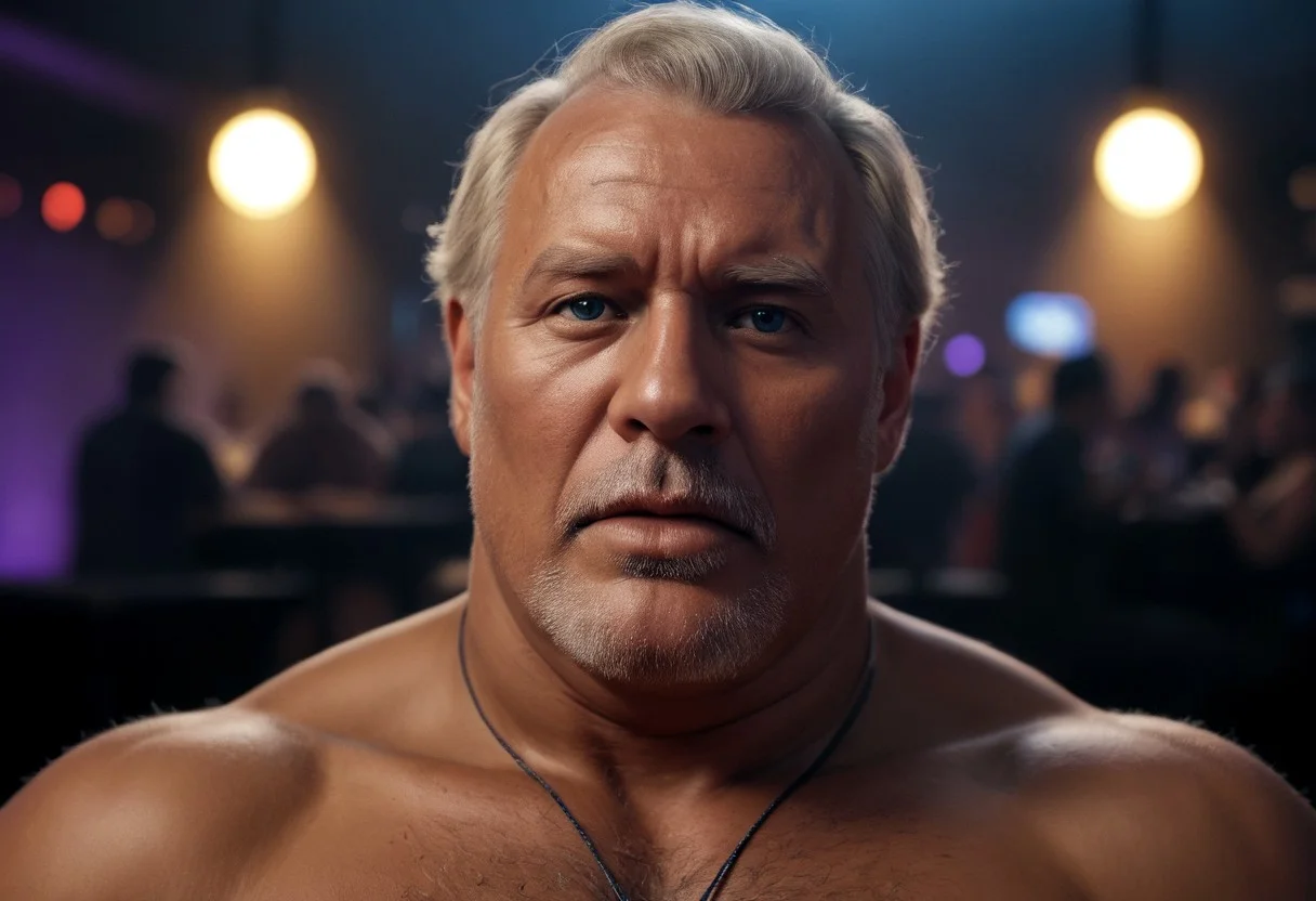 realistic, closeup portrait, face portrait, focus on face, seen from the side, dark nightclub, party, night, neonlights, alone, solo, relaxed cute pose, arm resting on leg, old granddad, old man, grandpa, tanned skin, strong tan, pubic-hair, pale blonde short hair, small flat crooked down nose, bushy eyebrows, hairy chest, chesthair, strong manly round chubby face, big belly, obese, strong arms, deep blue eyes, (charming, handsome, sensual, arrogant, challenging), moaning expression, having an intense orgasm, strong biceps, big neck, doublechin, (tanned skin, strong tan), ((looking at viewer, moaning, orgasm, ))