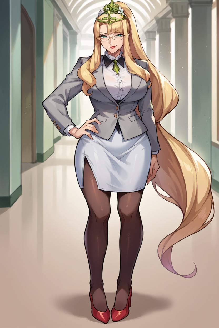 score_9, score_8_up, score_7_up, score_6_up, source_anime, BREAK 1girl, mature female <lora:feeve-pdxl-nvwls-v1-000004:1> feeve, very long hair, tiara, hair flower, large breasts, grey jacket, suit jacket, formal, black pencil skirt, contrapposto, hand on hip, red shoes, high heels, looking at viewer, lipstick, glasses, smug, whole body, pantyhose, hallway