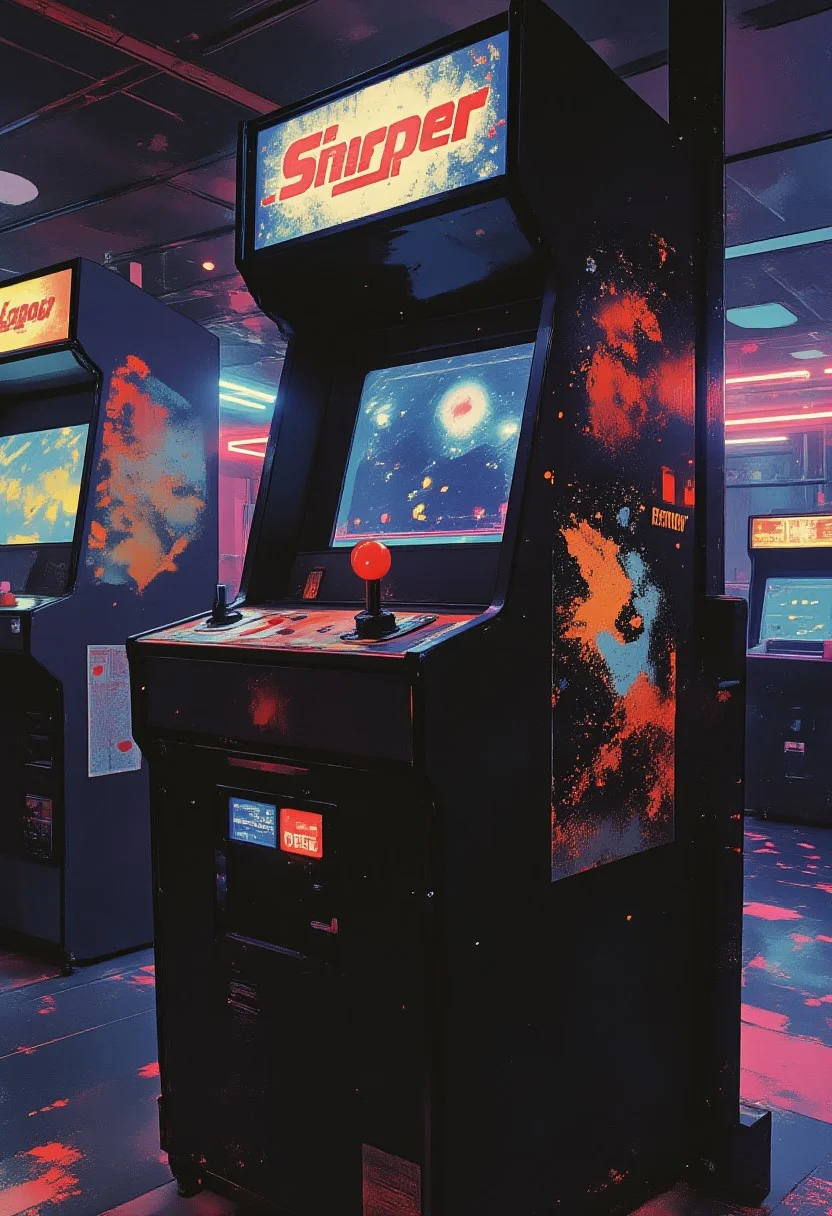 Jeddtlv3, aidmamj6.1, A vintage 1980s arcade machine stands proudly in the corner of a dimly lit arcade room. The machine is adorned with vibrant pixel art graphics, bold decals, and glowing joystick buttons in red and blue. The screen displays a classic pixelated space shooter game, frozen mid-action. Neon lights in shades of pink, purple, and electric blue reflect off the glossy black casing, while the room is filled with the nostalgic glow of other arcade machines lining the wallsletters.