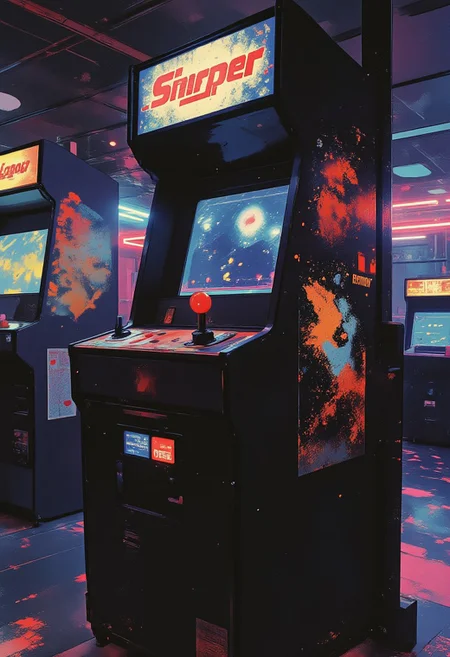 Jeddtlv3, aidmamj6.1, A vintage 1980s arcade machine stands proudly in the corner of a dimly lit arcade room. The machine is adorned with vibrant pixel art graphics, bold decals, and glowing joystick buttons in red and blue. The screen displays a classic pixelated space shooter game, frozen mid-action. Neon lights in shades of pink, purple, and electric blue reflect off the glossy black casing, while the room is filled with the nostalgic glow of other arcade machines lining the wallsletters.