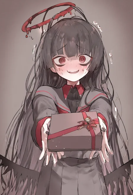 blue archive, tsurugi \(blue archive\), 1girl, @ @, antenna hair, bags under eyes, black hair, black shirt, black wings, blunt bangs, blush, box, gift, gift box, halo, heart, holding, holding box, incoming gift, looking at viewer, melting halo, nail polish, nervous smile, nervous sweating, nose blush, red eyes, red halo, school uniform, serafuku, shirt, smile, solo, sweat, sweatdrop, trembling, upper body, valentine, wings, masterpiece, best quality, good quality