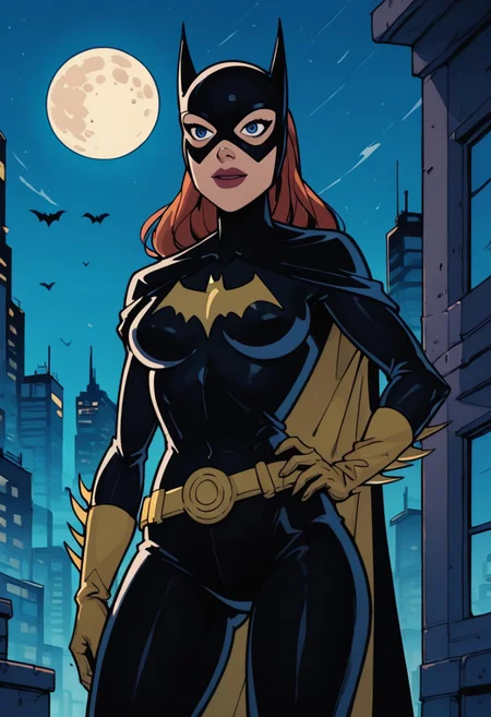 commix style, zPDXL3, PnyCmicXLPOS, detailxl, cowboy shot, from below, perspective, solo, (1girl), woman, (kj_batgirl), bat ears, mask, blue eyes, lipstick, black bodysuit, medium breast, black cape, yellow gloves, yellow belt, superhero, age 25, happy, hand on own hip, perfect quality, perfect eyes, detailed lips, (long legs, thigh gap), night, outdoors, roof top, city skyline, full moon, depth of field