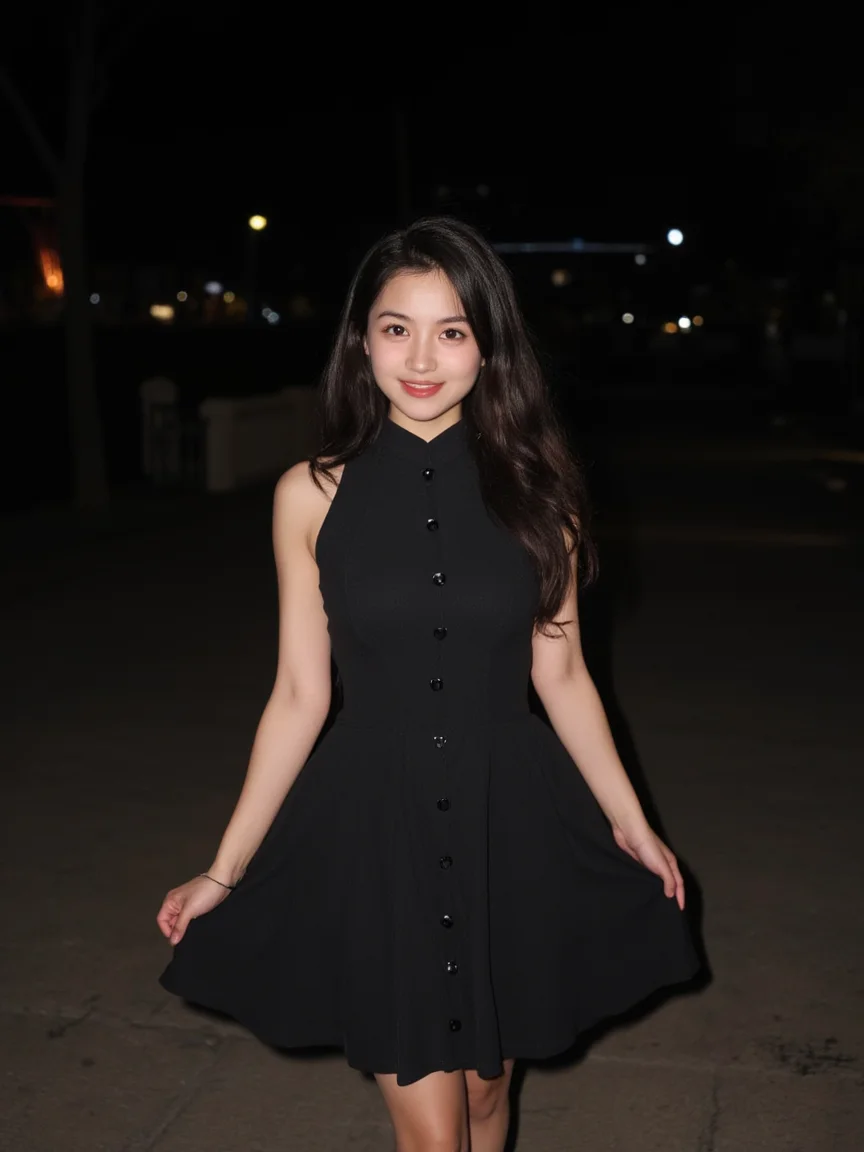 The image is a high-resolution photograph taken at night, featuring a slender young woman with fair skin and dark brown, wavy hair cascading past her shoulders. She is dressed in a sleeveless, black, high-necked dress with a fitted bodice and a flared skirt. The dress has a subtle sheen and is adorned with small, decorative buttons running down the center front. Her stance is relaxed, with one hand gently holding the skirt and the other arm slightly bent at the elbow, suggesting a casual, confident walk. The background is a dimly lit, paved pathway, possibly in a park or garden, with blurred, out-of-focus trees and buildings in the distance. The lighting is soft and diffused, highlighting her youthful appearance and the elegant, yet simple, design of her dress. The overall mood of the image is serene and playful, capturing a moment of leisurely enjoyment. The texture of the dress appears delicate and airy, contrasting with the solid, geometric pattern of the pavement.