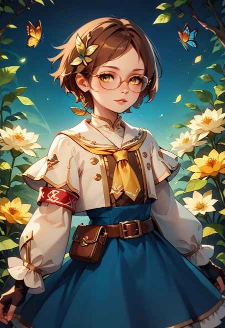 score_9, score_8_up, score_7_up, score_6_up, 1girl, (18-years-old:1.5), AliceWaifu, short, petite body, glasses, yellow necktie, short hair, white capelet with leather top underneath,stitches, frilled dress, red armband with golden rims on the right arm,belt,fingerless gloves, feather hair ornament,gold buttons,blue dress with white stripe in the middle, blue skirt with golden rims, neckerchief, puffy long sleeves, brown hair, young,layered sleeves,yellow eyes, flat chest,standing in a lush green garden, surrounded by colorful flowers, night time, elegant pose, butterflies fluttering around, serene and magical atmosphere,