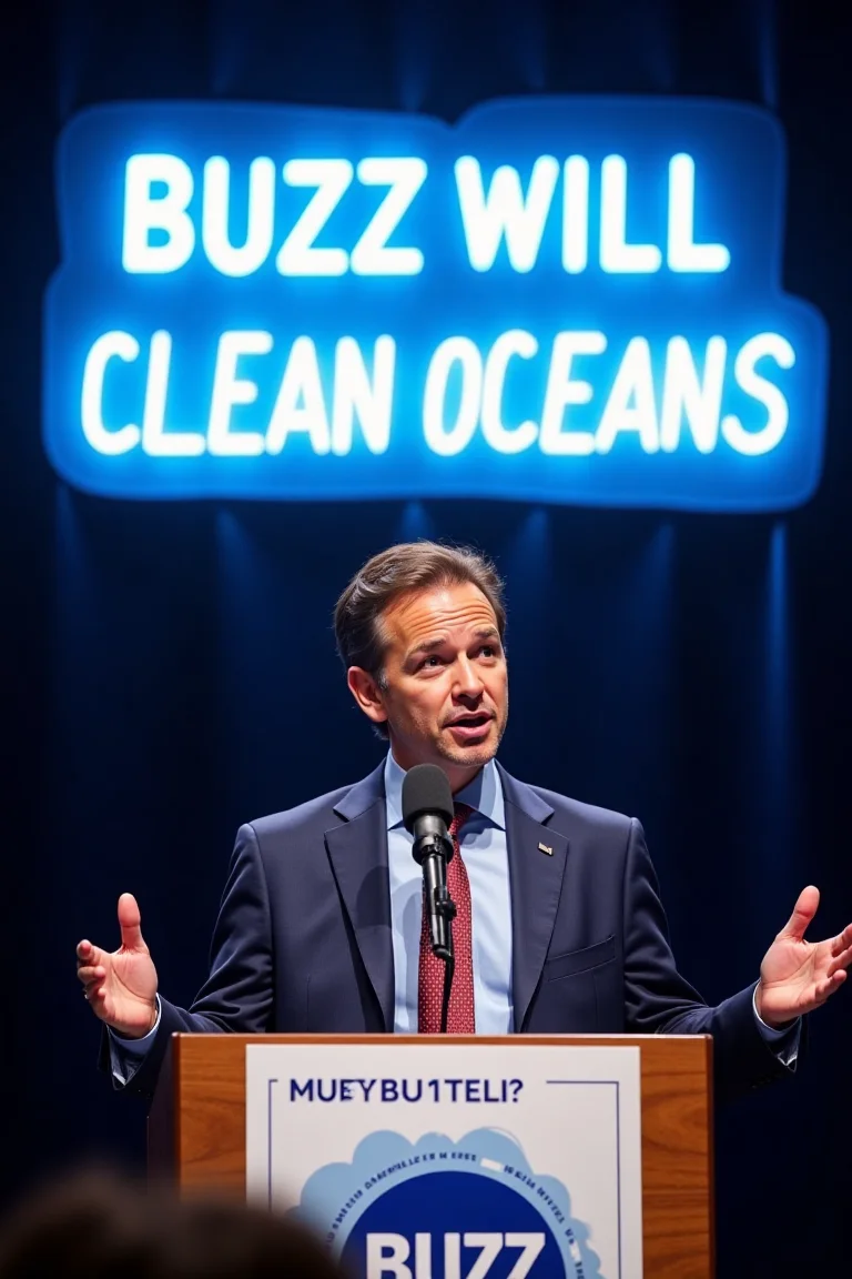 real photo, cinematic, bubble text that says "BUZZ WILL CLEAN OCEANS", a young 30 years old promissing election candidate speaking on a podium with microphones