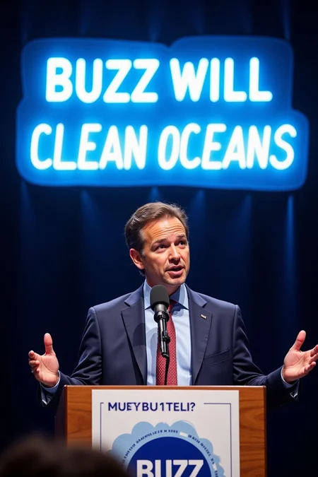real photo, cinematic, bubble text that says "BUZZ WILL CLEAN OCEANS", a young 30 years old promissing election candidate speaking on a podium with microphones