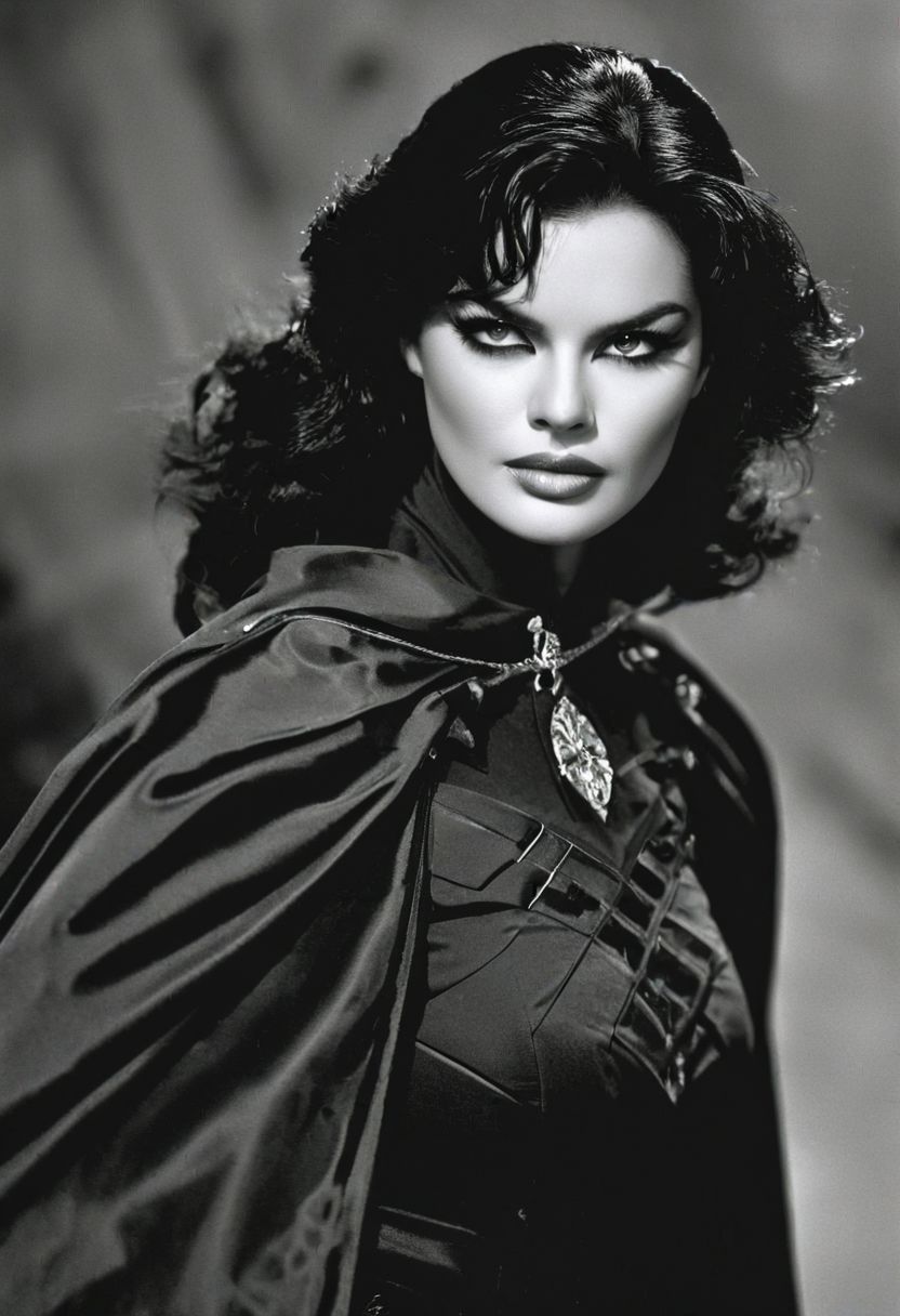Adorned in a mask and cape reminiscent of D'Artagnan's era, a skilled Zorro busty swordswoman looking serious to viewer, her eyes gleaming with triumph.
