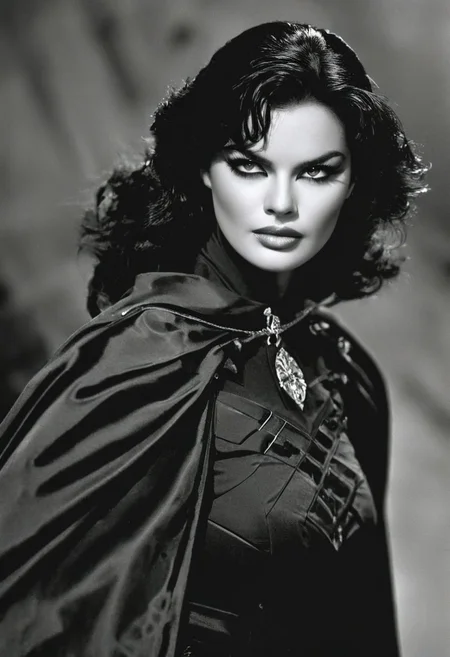 Adorned in a mask and cape reminiscent of D'Artagnan's era, a skilled Zorro busty swordswoman looking serious to viewer, her eyes gleaming with triumph.