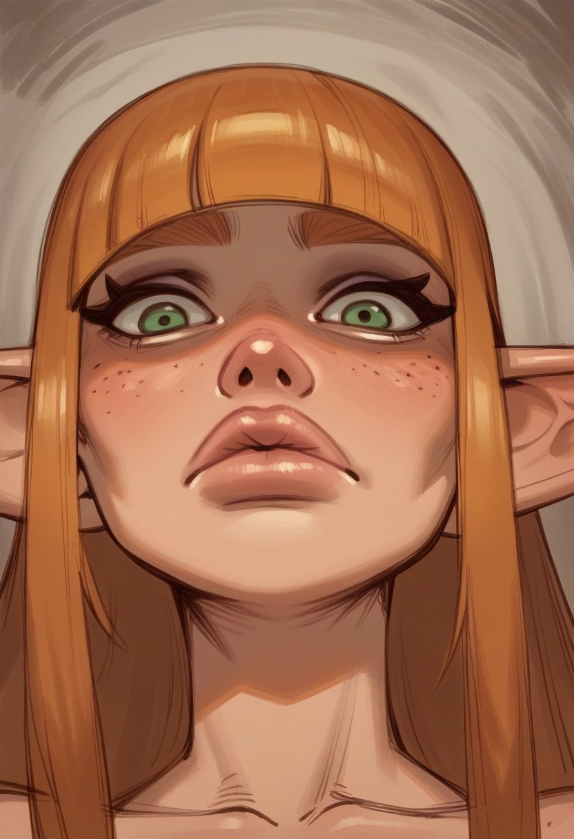 (Front angle:1.3), high detail, perfect face, very close-up, 1girl, long hair, ginger hair, blunt bangs, light skinned female, (Elf:1.3), pouting expression, green eyes, head tilted, plump lips, (up close shot of face, portrait:1.6), closed mouth 
BREAK
score_9, score_8_up, score_7_up, score_6_up, source_cartoon, rating_explicit